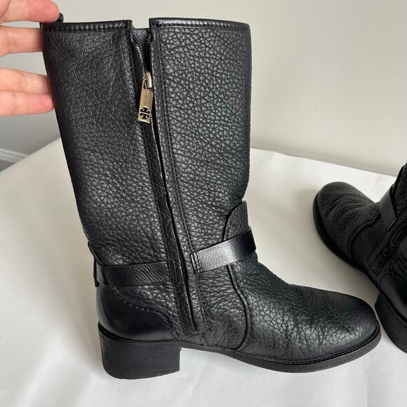 Tory Burch Leona Black Pebbled Leather Mid Calf Moto Boots Size 8 M - Picture 8 of 15